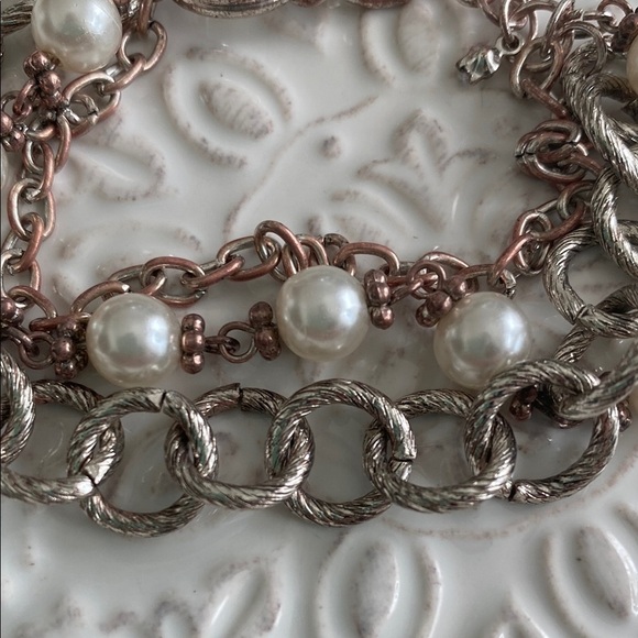 Pearl Silver Thick Chain Link Multi Strand Bracelet Bohemian Elegant Vintage - Picture 9 of 16